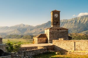 The castle and clock tower at the gjirokaster castle in albania