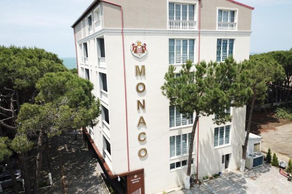 Hotel Monaco Garden in Albania droneshot view of the building